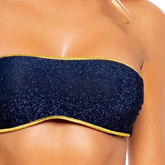 🆕 Luli Fama Wavy Ruched Back Bottom and Free Form Bandeau Bikini in Stardust - Picture 4 of 14